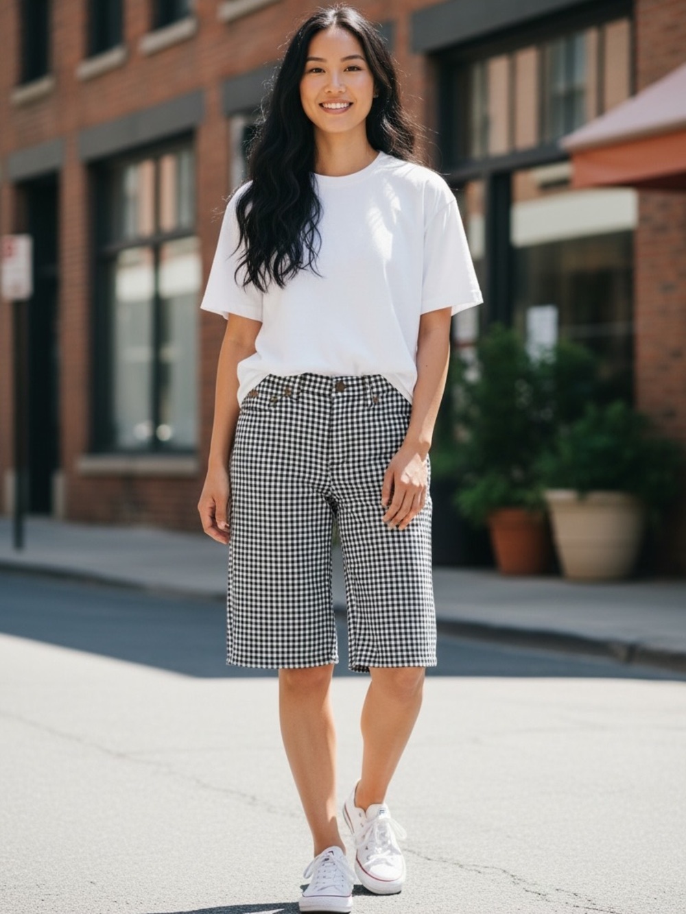 Black/ White Gingham High Rise Capris Stretch Pants